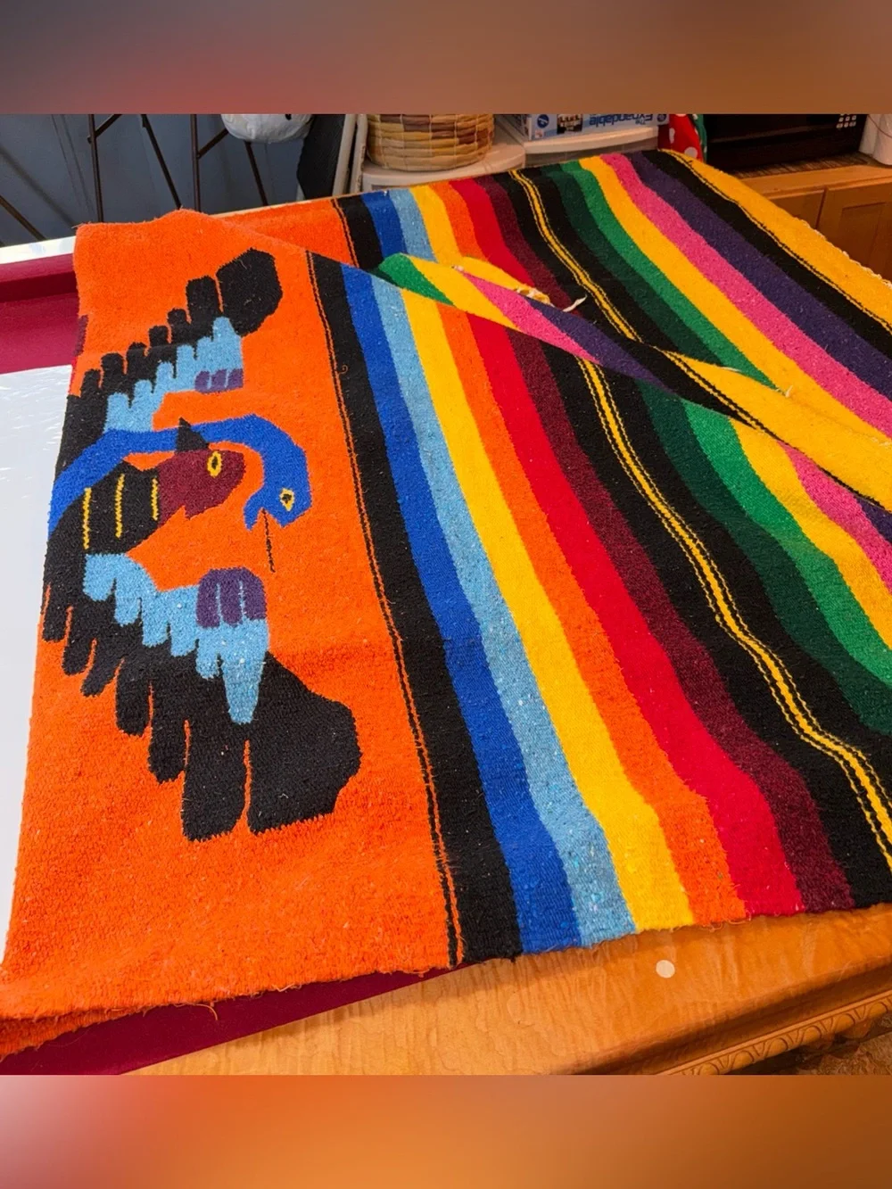 Vintage Hand Woven CANCUN Mexico Rainbow Blanket Throw Eagle Snake 80” X 50” Vtg